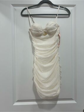 Oh Polly Cream Ruched Spaghetti-Strap Mini Dress